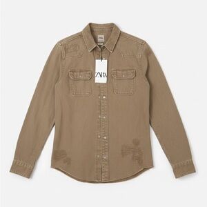 Zara Men's Casual Distressed Denim Button Down Shirt